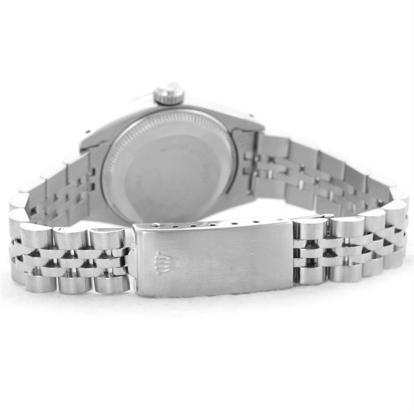 This image shows the back case and bracelet clasp of a Rolex Date 6924 Women's Stainless Steel Silver Dial 6924 Women's Stainless Steel Silver Dial model watch from a rear angle.