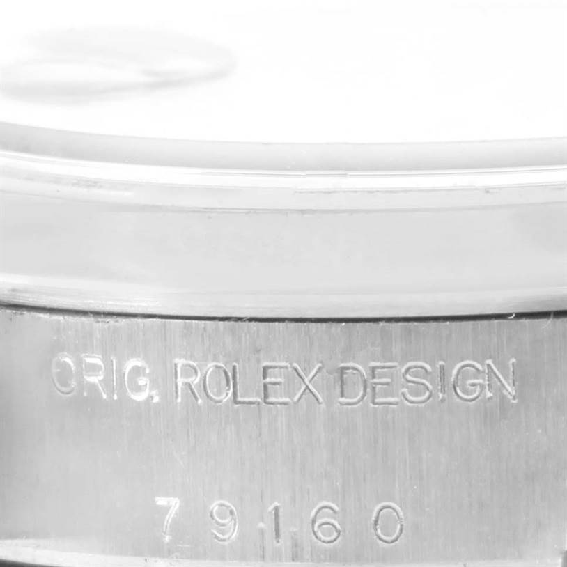 This image shows an angled close-up of the case side of a Rolex Date 79160 Women's Stainless Steel White Dial 79160 Women's Stainless Steel White Dial model, featuring the engraving "ORIG. ROLEX DESIGN" and the model number "79160".