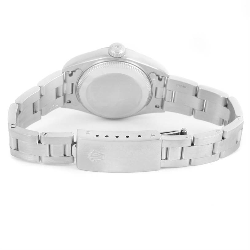 This image shows the back view of the Rolex Date 79160 Women's Stainless Steel White Dial 79160 Women's Stainless Steel White Dial model watch, highlighting the case back and bracelet clasp.