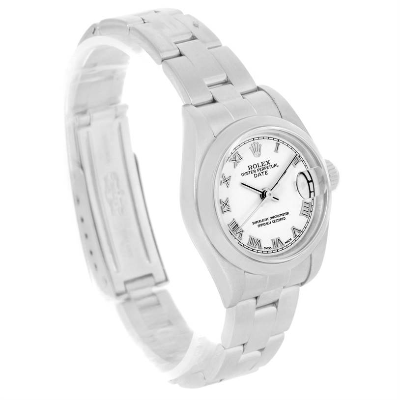The Rolex Date 79160 Women's Stainless Steel White Dial 79160 Women's Stainless Steel White Dial model watch is shown at a three-quarter angle, displaying the dial, bracelet, and crown.