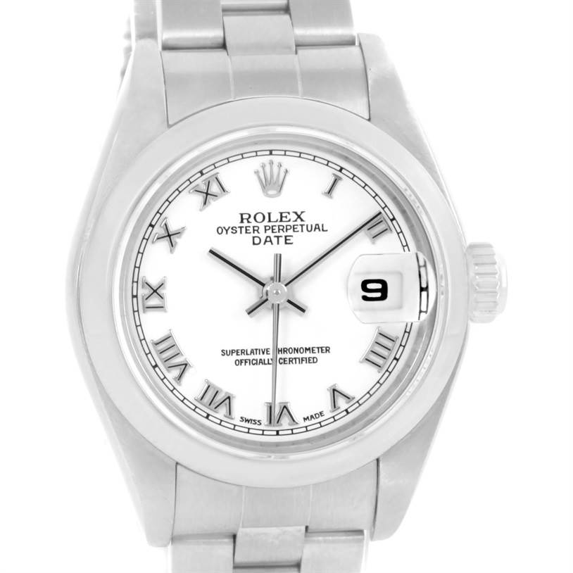 The image shows a close-up front view of a Rolex Date 79160 Women's Stainless Steel White Dial 79160 Women's Stainless Steel White Dial model watch, highlighting its dial, bezel, and part of the bracelet.