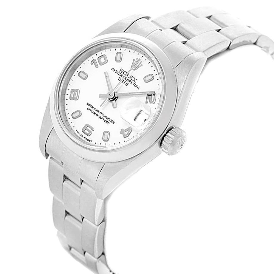 This image shows a close-up, angled view of the Rolex Date 79160 Women's Stainless Steel White Dial 79160 Women's Stainless Steel White Dial model, focusing on the dial, bezel, and bracelet.