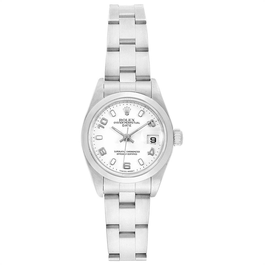 The image shows a front view of a Rolex Date 79160 Women's Stainless Steel White Dial 79160 Women's Stainless Steel White Dial model watch, displaying the face, bezel, and bracelet.