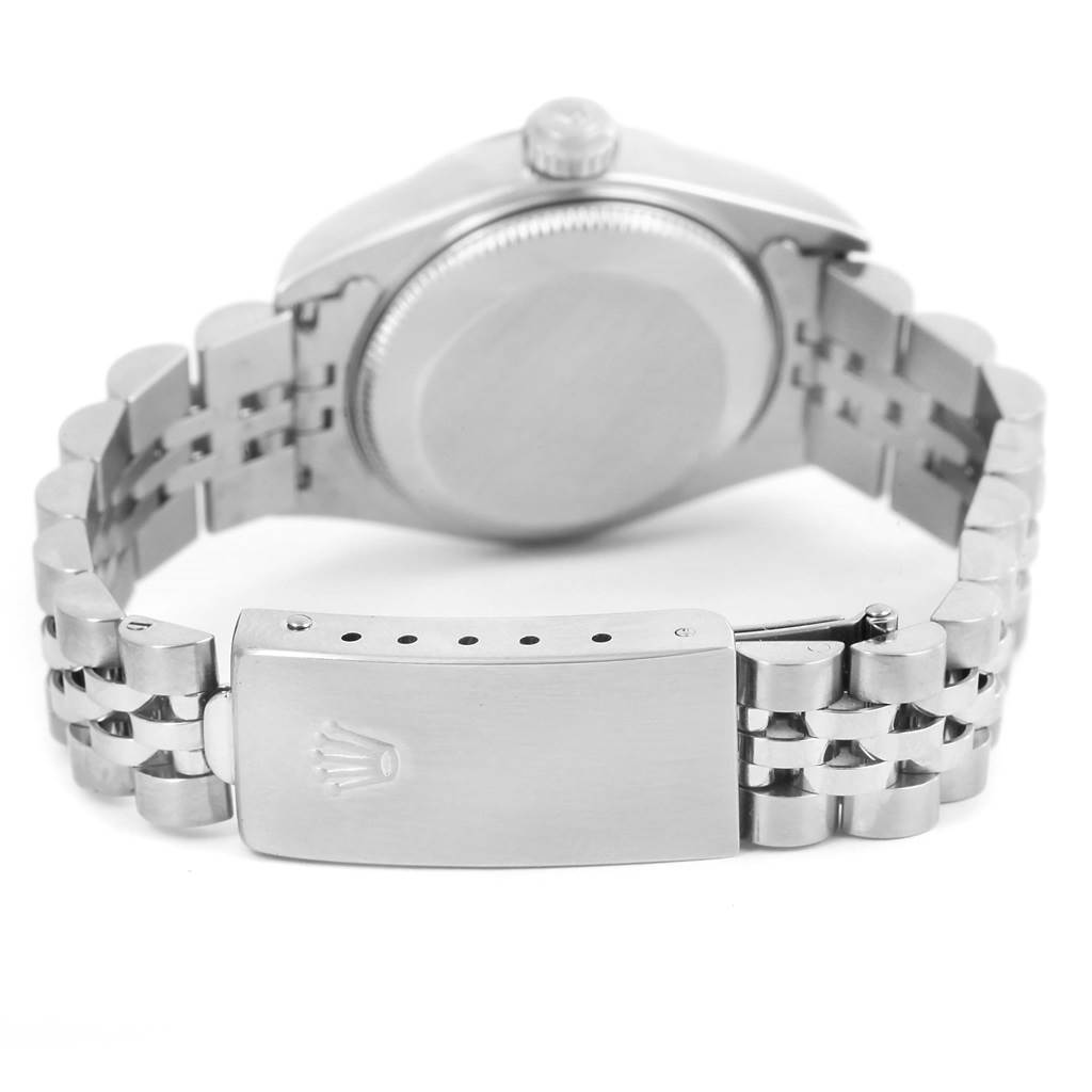 This image shows the back view of a Rolex Date 79160 Women's Stainless Steel White Dial 79160 Women's Stainless Steel White Dial model watch, focusing on the clasp and bracelet.