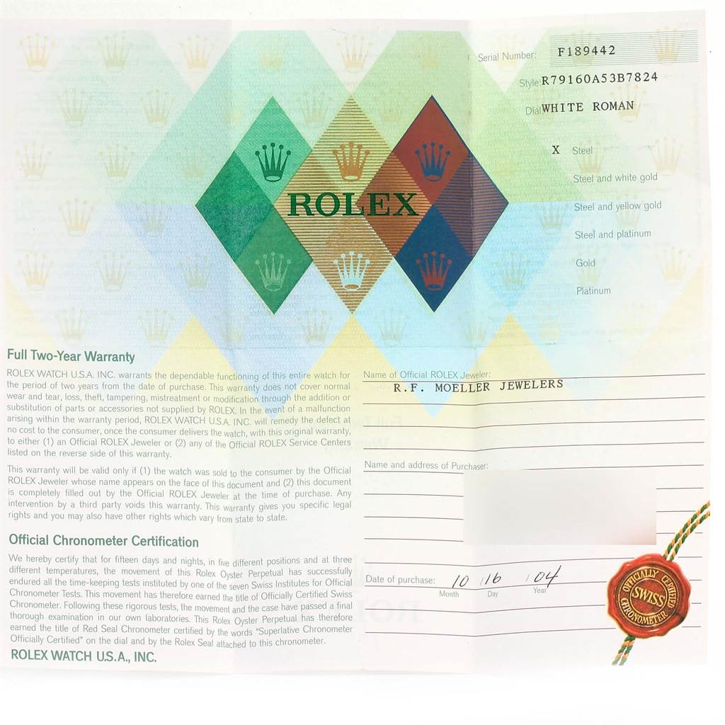 This image shows a warranty card and chronometer certification for a Rolex Date 79160 Women's Stainless Steel White Dial 79160 Women's Stainless Steel White Dial model watch.