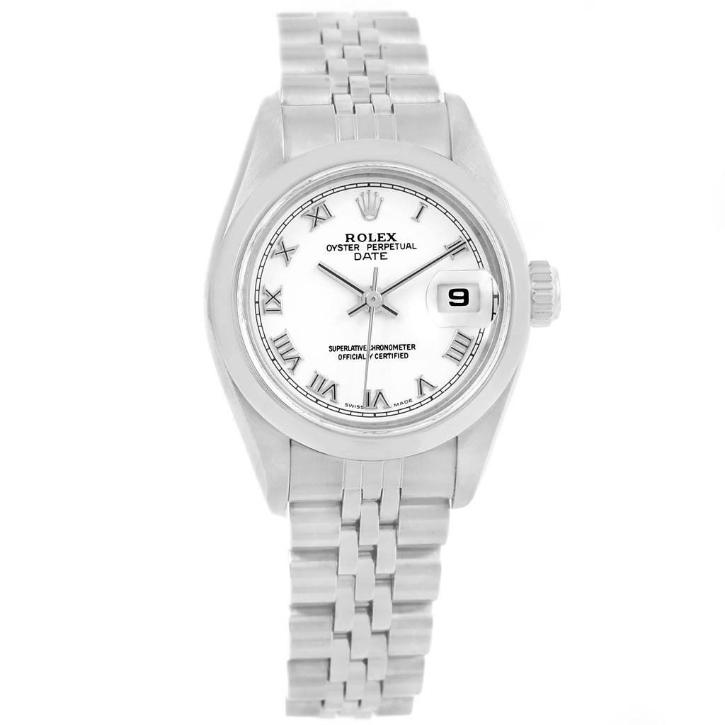 The Rolex Date 79160 Women's Stainless Steel White Dial 79160 Women's Stainless Steel White Dial model watch is shown from a front angle, displaying the dial, bracelet, and date window at 3 o'clock.