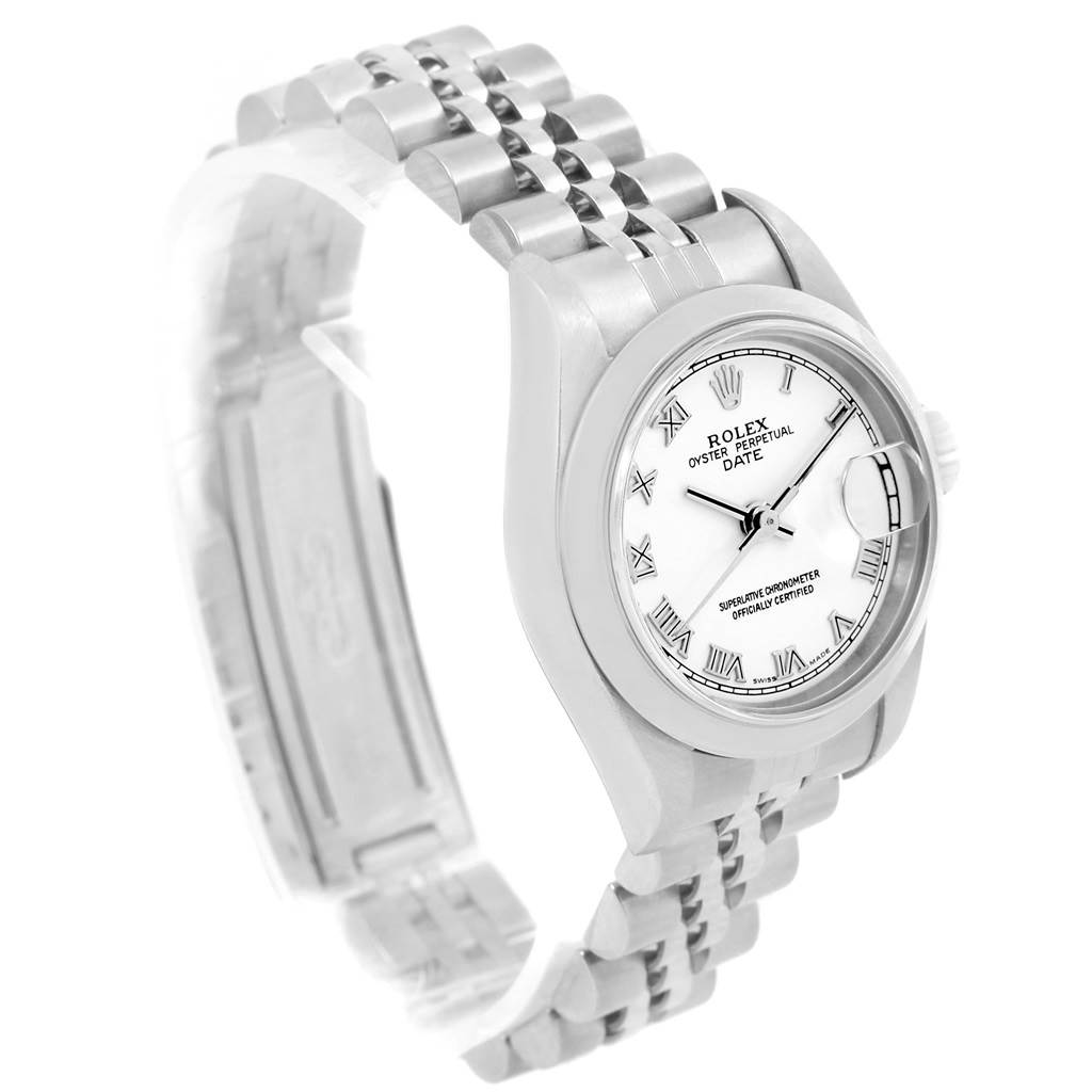 The image shows a Rolex Date 79160 Women's Stainless Steel White Dial 79160 Women's Stainless Steel White Dial model watch from a side angle, highlighting the dial, crown, and bracelet.