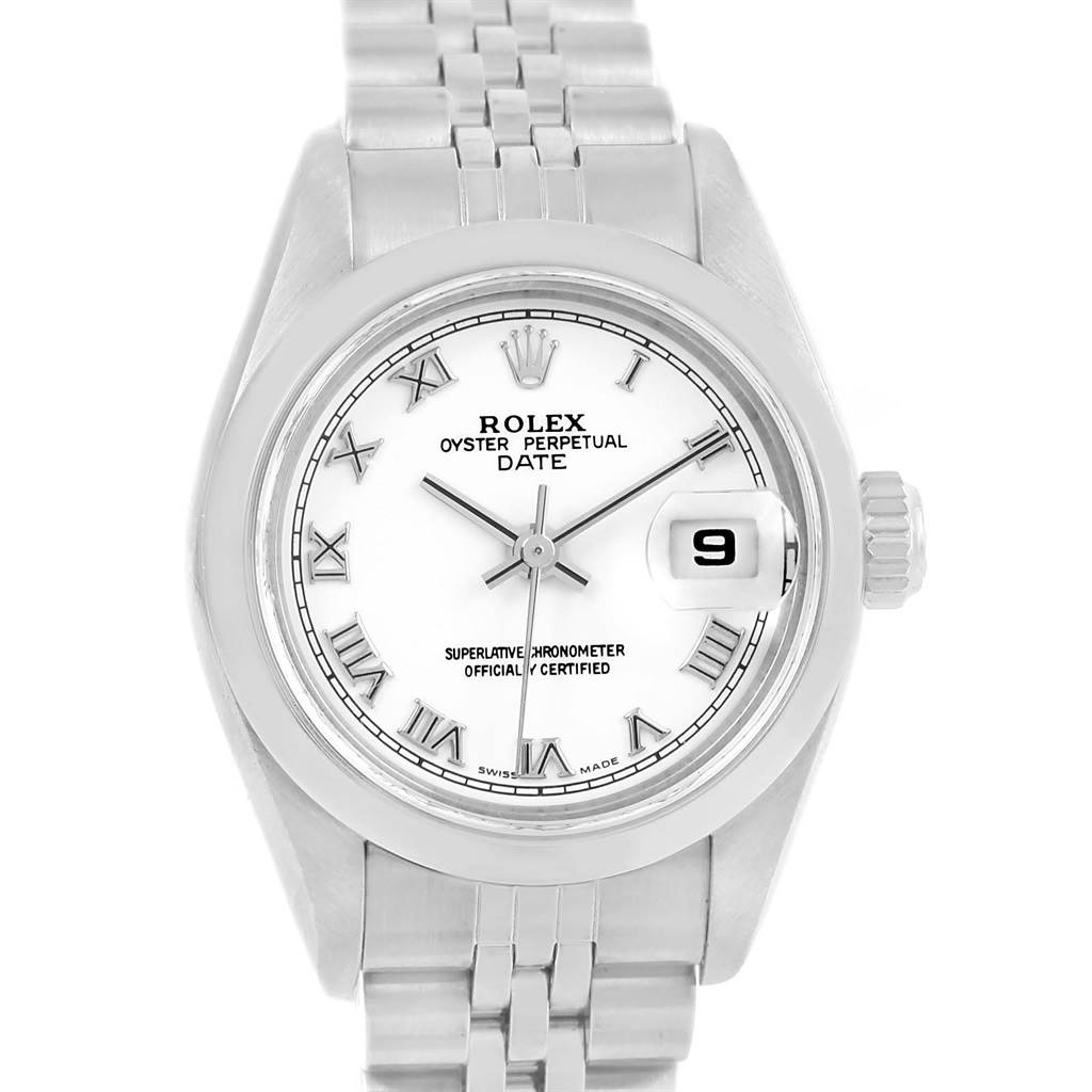 This image shows a front view of the Rolex Date 79160 Women's Stainless Steel White Dial 79160 Women's Stainless Steel White Dial model, highlighting the dial, case, crown, and a segment of the bracelet.
