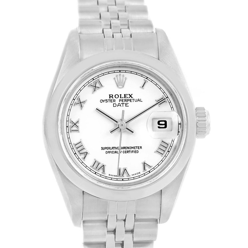 This image shows a front view of the Rolex Date model, highlighting the dial, case, crown, and a segment of the bracelet.