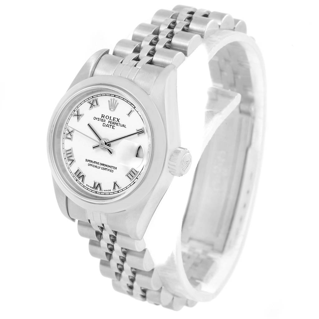 This Rolex Date 79160 Women's Stainless Steel White Dial 79160 Women's Stainless Steel White Dial model watch is shown at an oblique angle, highlighting the face, crown, and bracelet.