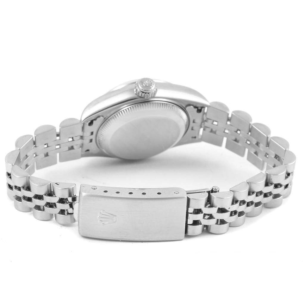 The image shows the back view of a Rolex Date 79160 Women's Stainless Steel White Dial 79160 Women's Stainless Steel White Dial model watch, highlighting the clasp and bracelet.