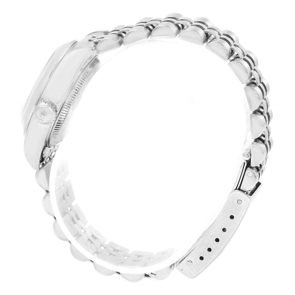 This image shows a Rolex Date 79160 Women's Stainless Steel White Dial 79160 Women's Stainless Steel White Dial model watch from a side profile, highlighting the bracelet and crown.