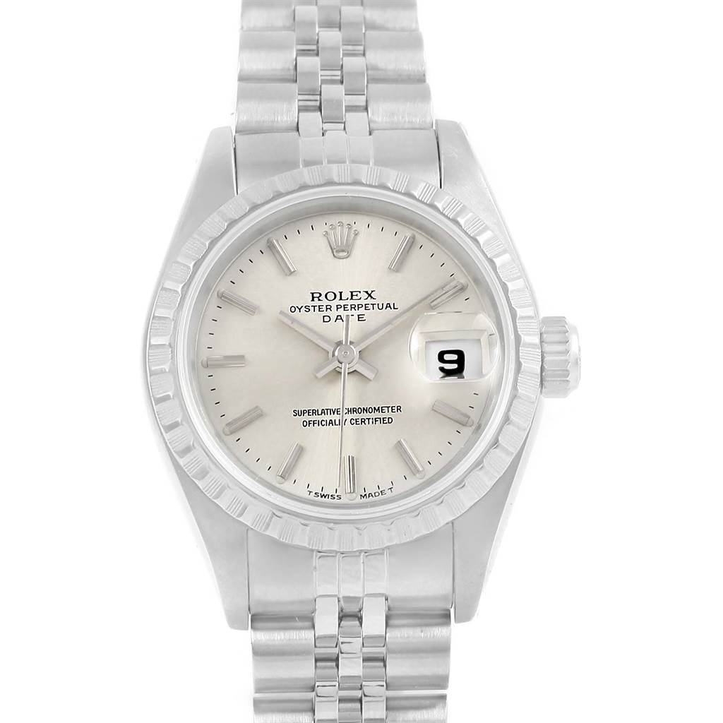 This is a front view of a Rolex Date 69240 Women's Stainless Steel Silver Dial 69240 Women's Stainless Steel Silver Dial model, showing the dial, hands, date window, and bracelet.