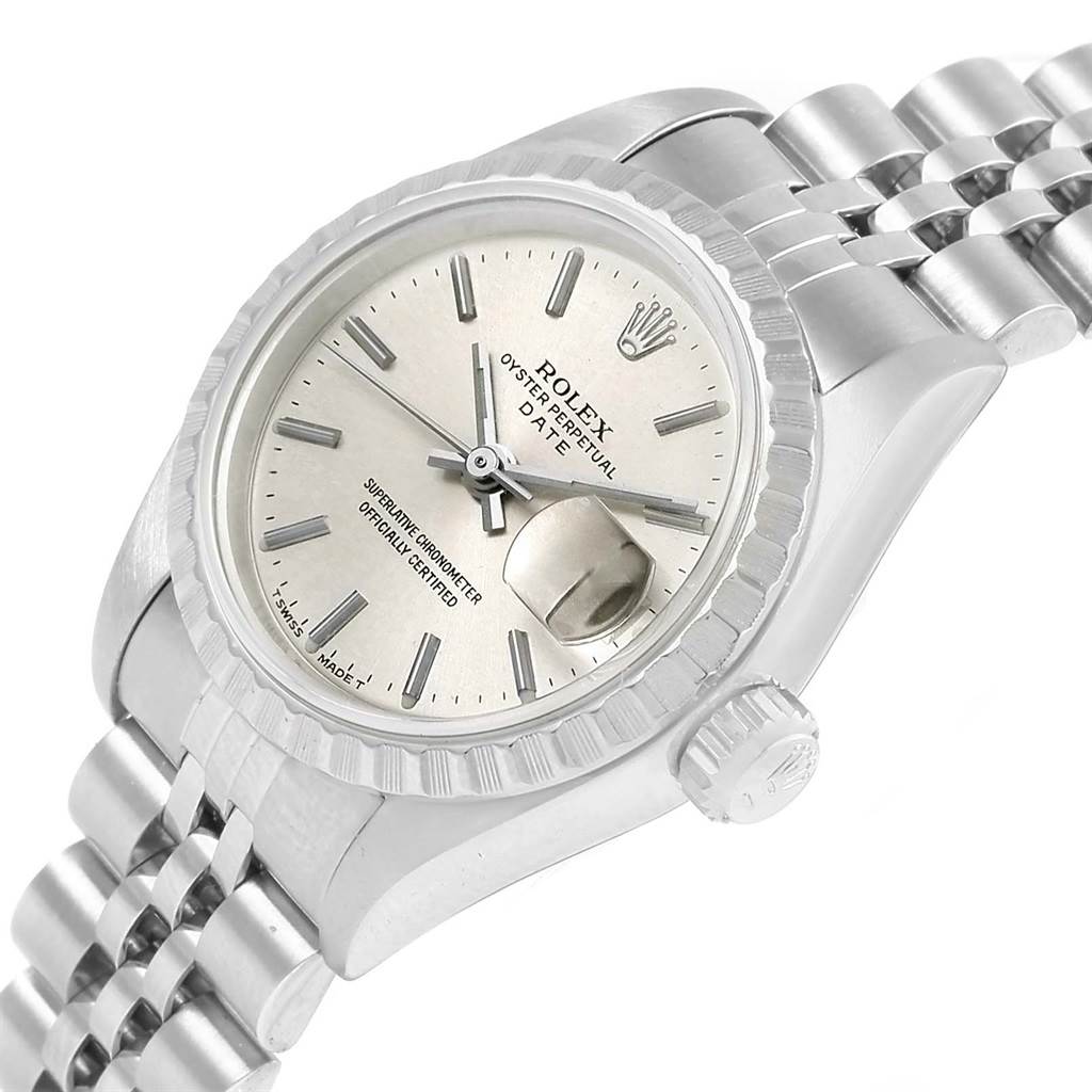 The image shows a silver Rolex Date 69240 Women's Stainless Steel Silver Dial 69240 Women's Stainless Steel Silver Dial model watch at an angle, highlighting the dial, bezel, crown, and part of the bracelet.