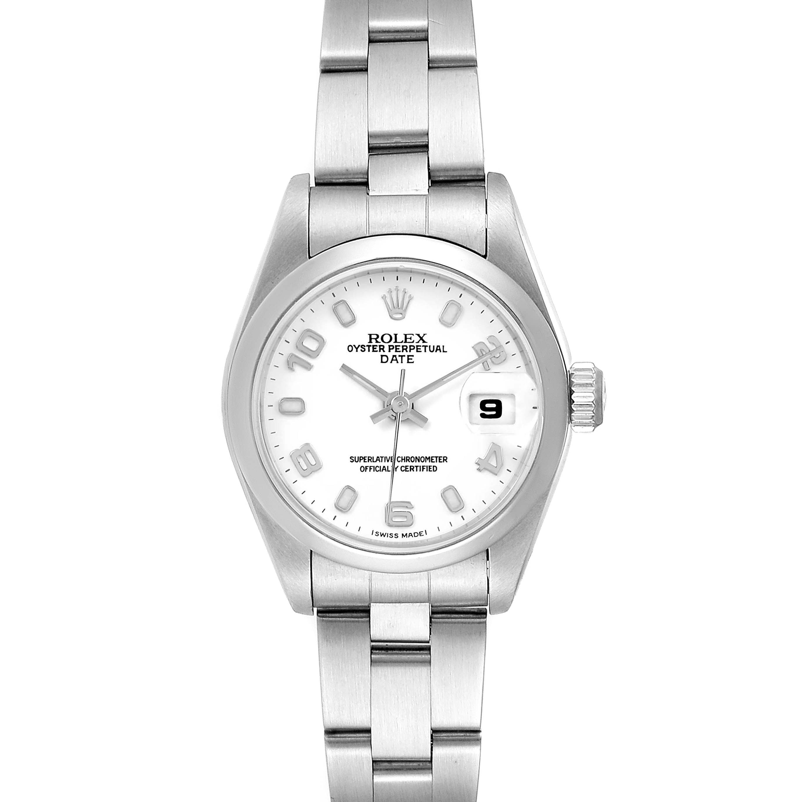 The image shows a front view of a Rolex Oyster Perpetual Date model, highlighting the dial, hands, date window, and bracelet.
