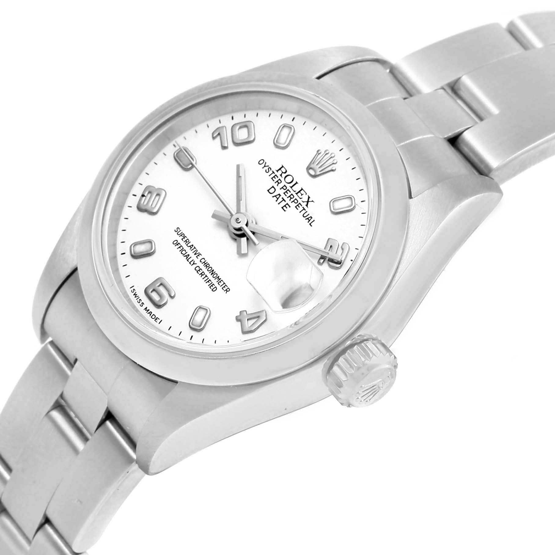The Rolex Date 69160 Women's Stainless Steel White Dial 69160 Women's Stainless Steel White Dial model watch is shown at a slight angle, displaying its face, crown, and part of the bracelet.