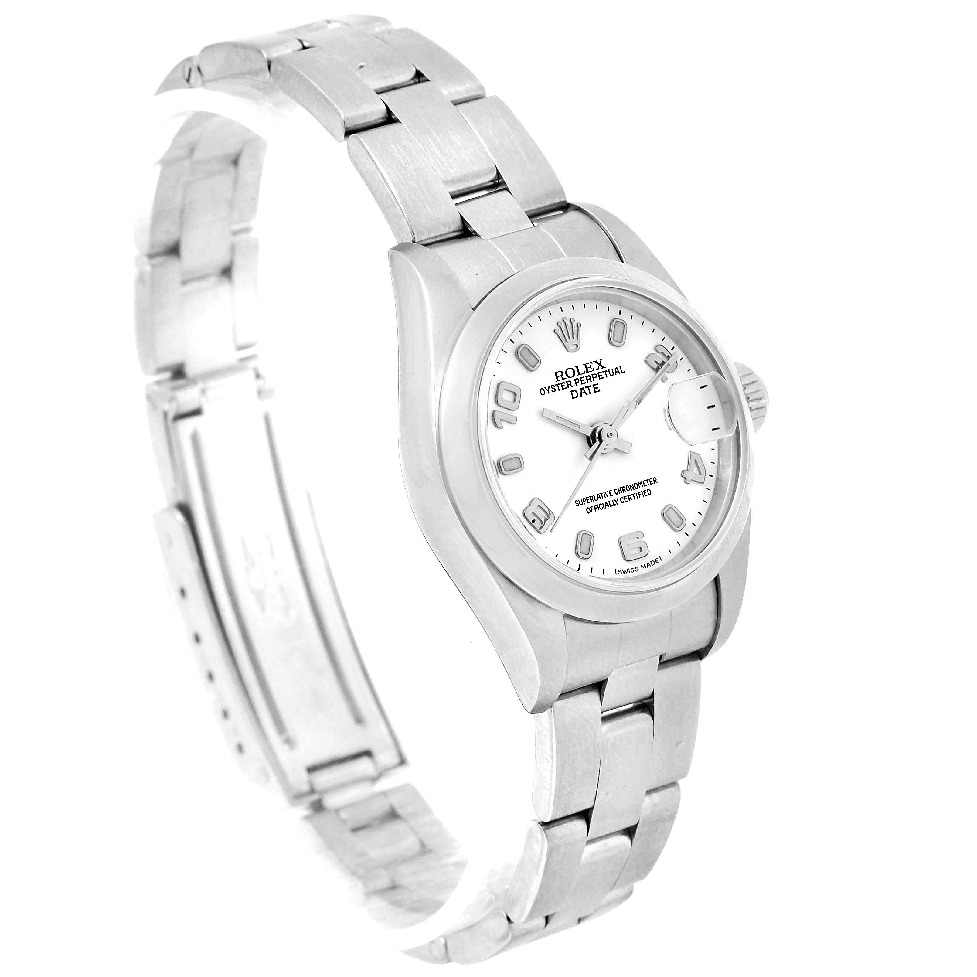 The image shows a side angle of a Rolex Date 69160 Women's Stainless Steel White Dial 69160 Women's Stainless Steel White Dial model watch, displaying the face, bracelet, and clasp.