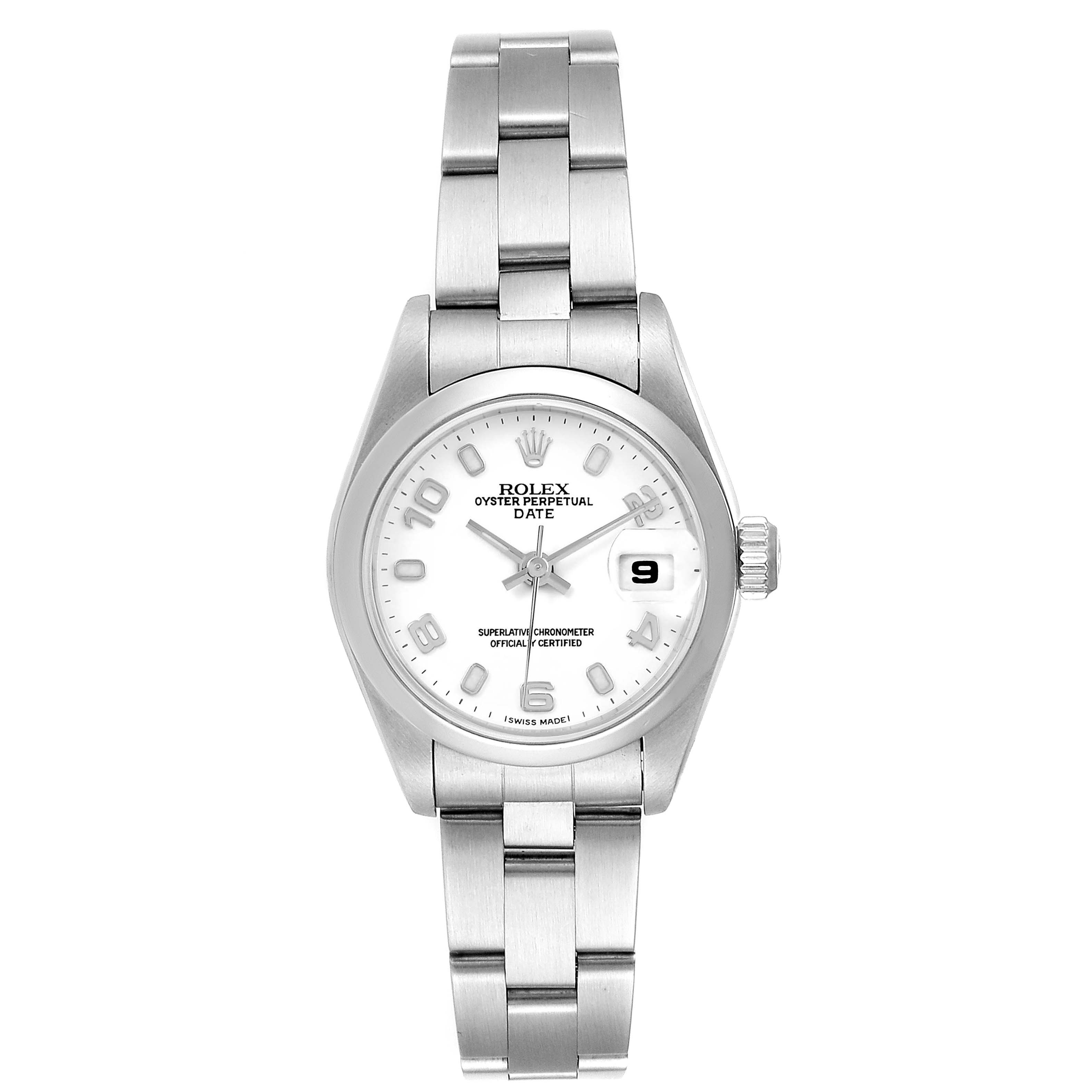 The image shows a front view of a Rolex Date 69160 Women's Stainless Steel White Dial 69160 Women's Stainless Steel White Dial watch, displaying the dial, bracelet, and date window.