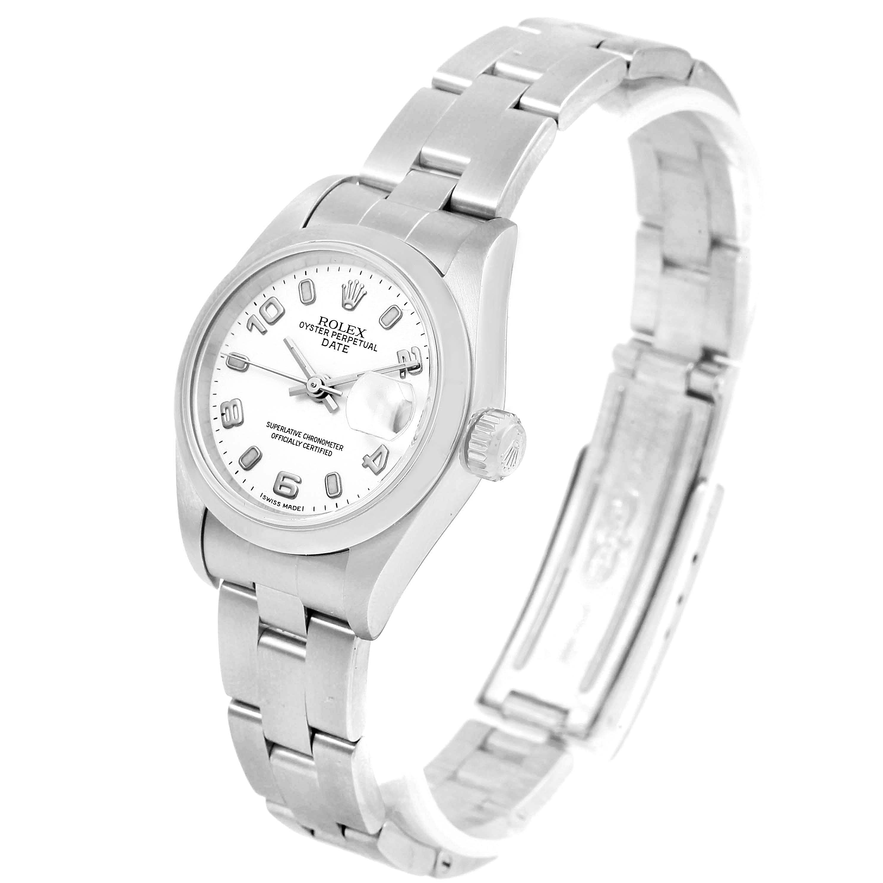 The image shows a Rolex Date 69160 Women's Stainless Steel White Dial 69160 Women's Stainless Steel White Dial model watch at a slight angle, displaying the dial, bezel, bracelet, and crown.