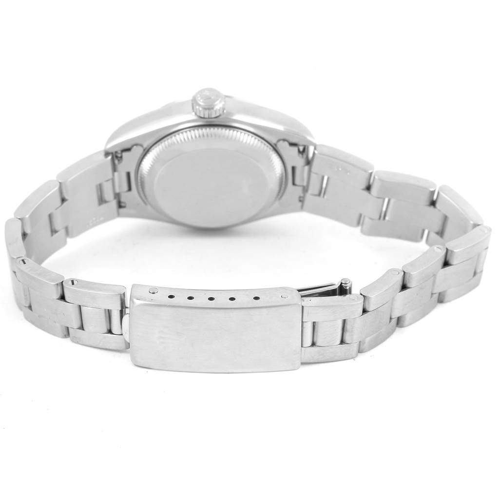 The image shows the back view of a Rolex Date 69160 Women's Stainless Steel White Dial 69160 Women's Stainless Steel White Dial model watch, highlighting the case back, bracelet, and clasp.