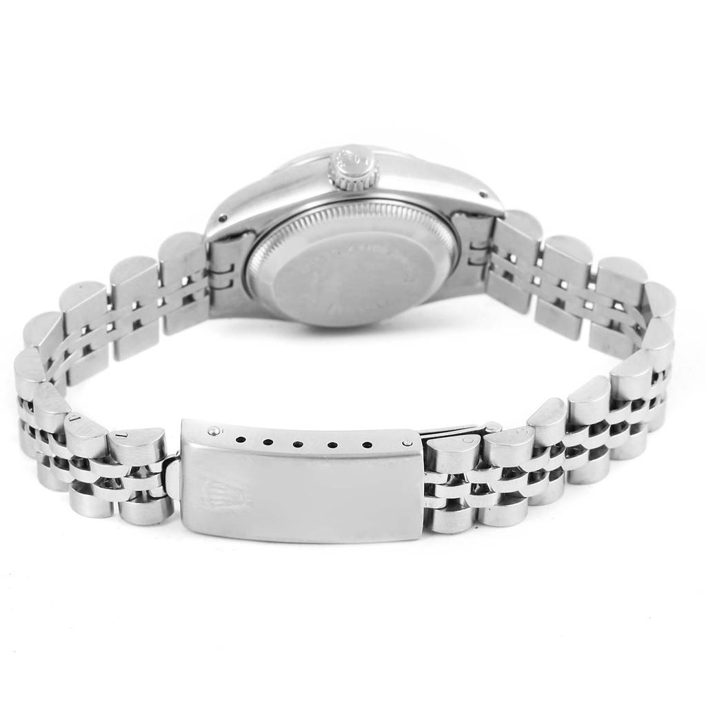 This image shows the back of a Rolex Date 69240 Women's Stainless Steel Silver Dial 69240 Women's Stainless Steel Silver Dial model watch, including the case back and Jubilee bracelet with its clasp.