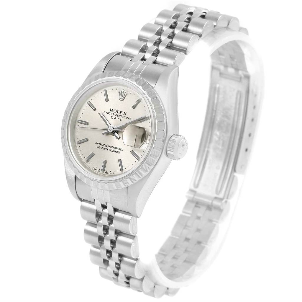 The image shows a Rolex Date 69240 Women's Stainless Steel Silver Dial 69240 Women's Stainless Steel Silver Dial model watch at a slight angle, highlighting the dial, bezel, crown, and bracelet.