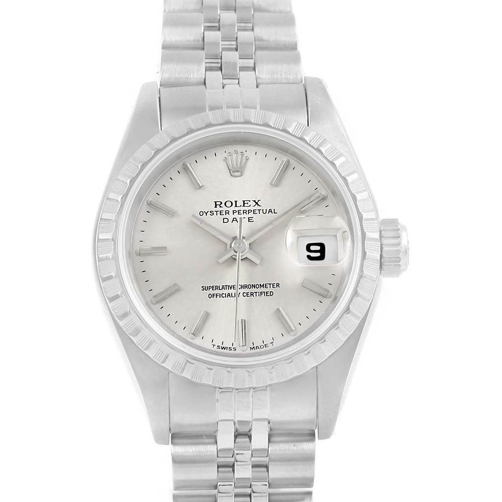 This image shows a front view of a Rolex Date 69240 Women's Stainless Steel Silver Dial 69240 Women's Stainless Steel Silver Dial model watch, highlighting the dial, bezel, and bracelet.