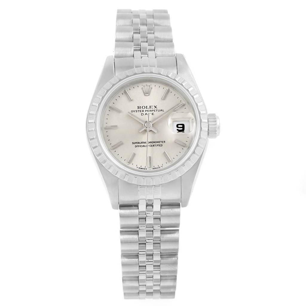 This Rolex Date 69240 Women's Stainless Steel Silver Dial 69240 Women's Stainless Steel Silver Dial model watch is shown from a front view, displaying its dial, bezel, crown, and Jubilee bracelet.