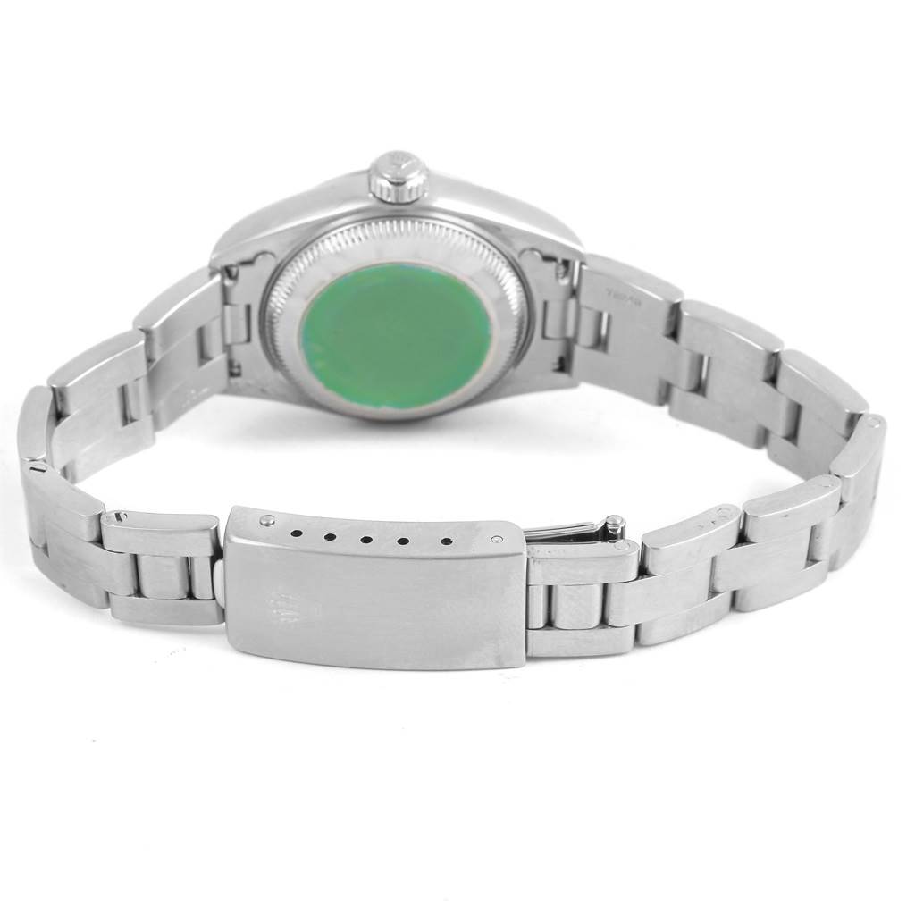 This image shows the back view of a Rolex Date 79160 Women's Stainless Steel Black Dial 79160 Women's Stainless Steel Black Dial model watch, highlighting its caseback, bracelet, and clasp.