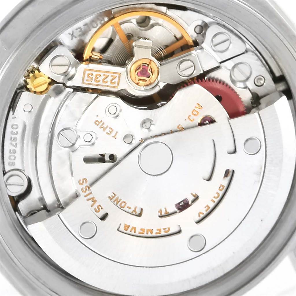 This image shows the movement and internal mechanisms of a Rolex Date 79160 Women's Stainless Steel Blue Dial 79160 Women's Stainless Steel Blue Dial model watch from a back angle.