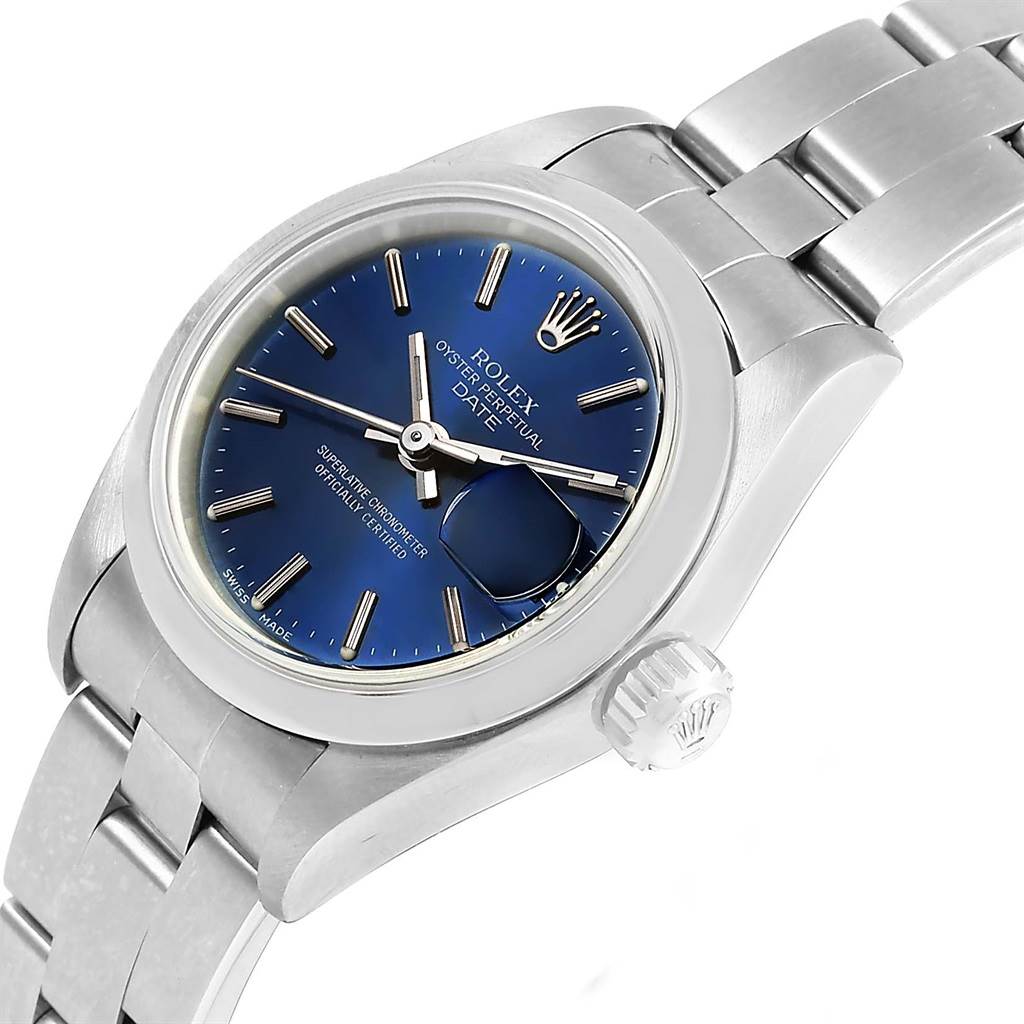 The image shows a Rolex Date 79160 Women's Stainless Steel Blue Dial 79160 Women's Stainless Steel Blue Dial model watch at an angle highlighting the dial, bezel, bracelet, and crown.