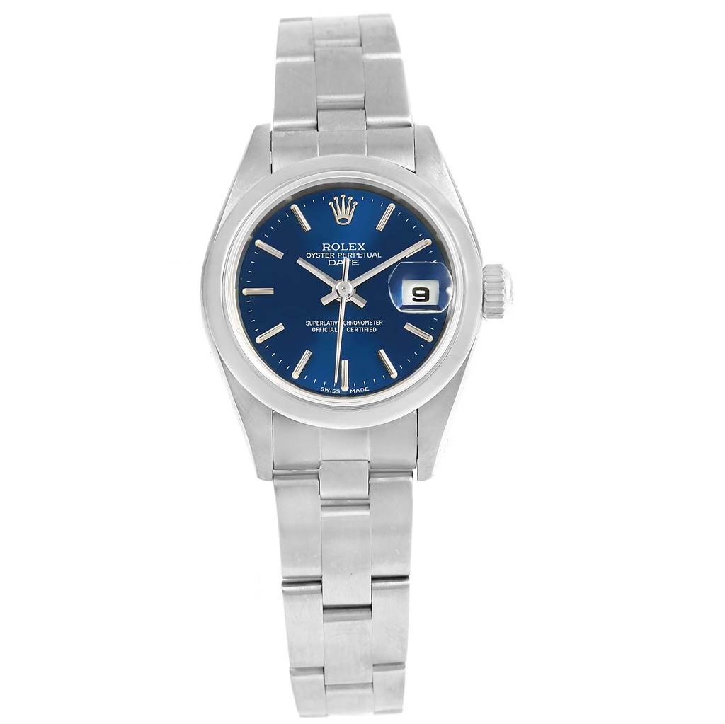 The image shows a front view of a Rolex Date 79160 Women's Stainless Steel Blue Dial 79160 Women's Stainless Steel Blue Dial model watch, highlighting its face, bezel, and a portion of the bracelet.