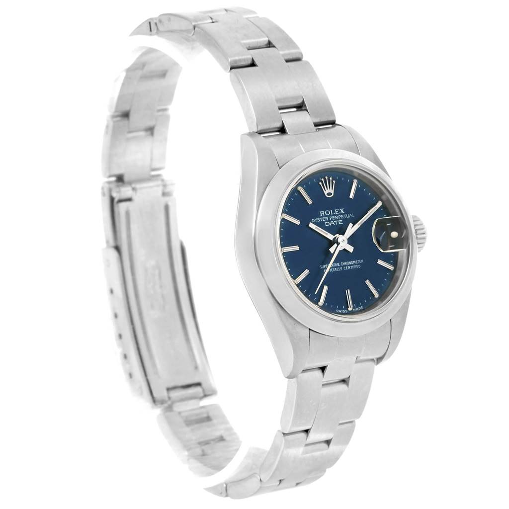 The image shows a Rolex Date 79160 Women's Stainless Steel Blue Dial 79160 Women's Stainless Steel Blue Dial model watch at a three-quarter angle, highlighting the face, bracelet, and clasp.