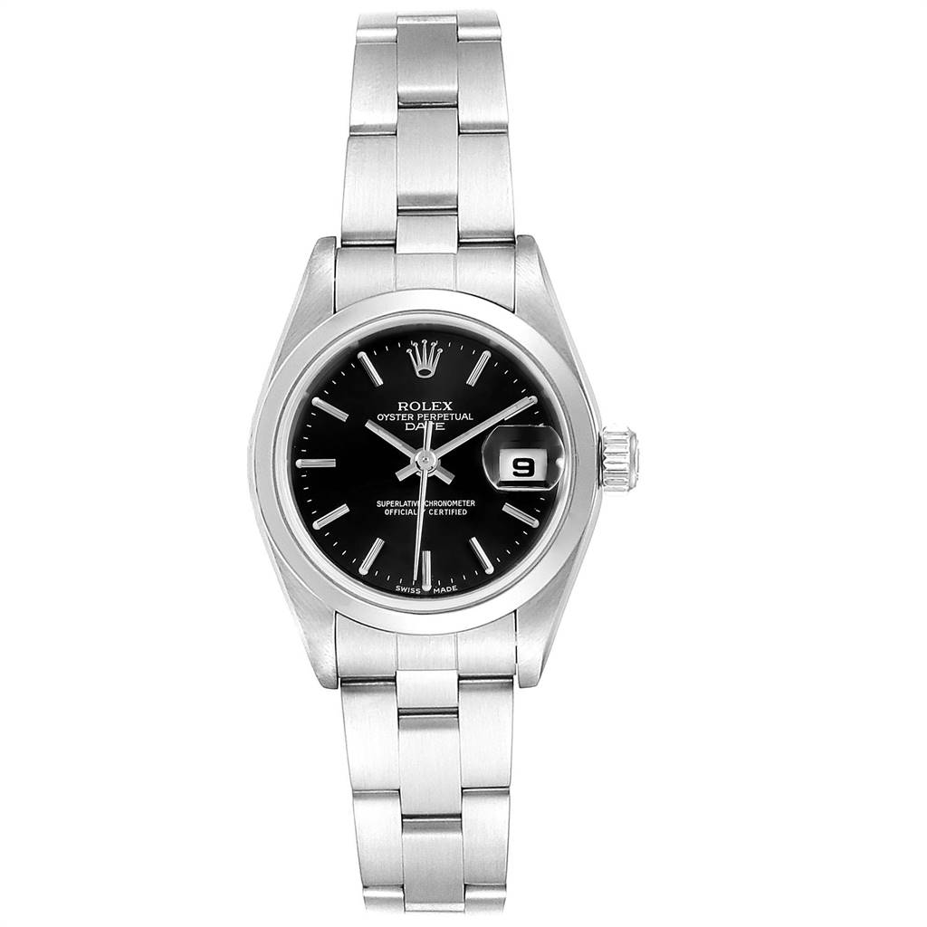The image shows a front view of a Rolex Date 79160 Women's Stainless Steel Black Dial 79160 Women's Stainless Steel Black Dial model watch, highlighting its black dial, date window, and stainless steel bracelet.