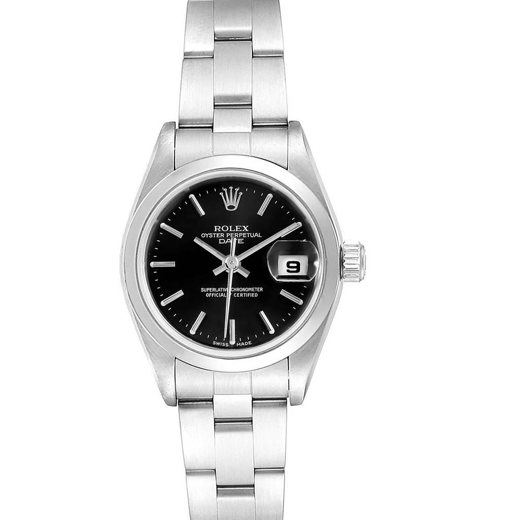 This Rolex Date 79160 Women's Stainless Steel Black Dial 79160 Women's Stainless Steel Black Dial watch is shown from a top-down angle, revealing its black dial, crown, and metal bracelet.