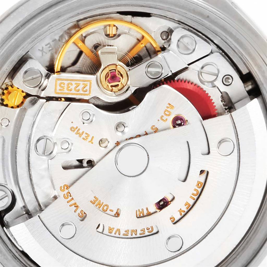 This image shows a close-up view of the movement mechanism inside a Rolex Date 79160 Women's Stainless Steel Black Dial 79160 Women's Stainless Steel Black Dial model watch.