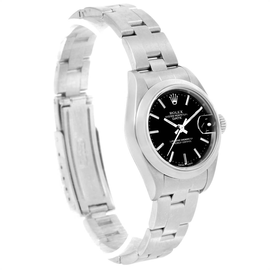 The image shows a side angle view of a Rolex Date 79160 Women's Stainless Steel Black Dial 79160 Women's Stainless Steel Black Dial model watch, displaying the black dial, case, and stainless steel bracelet.