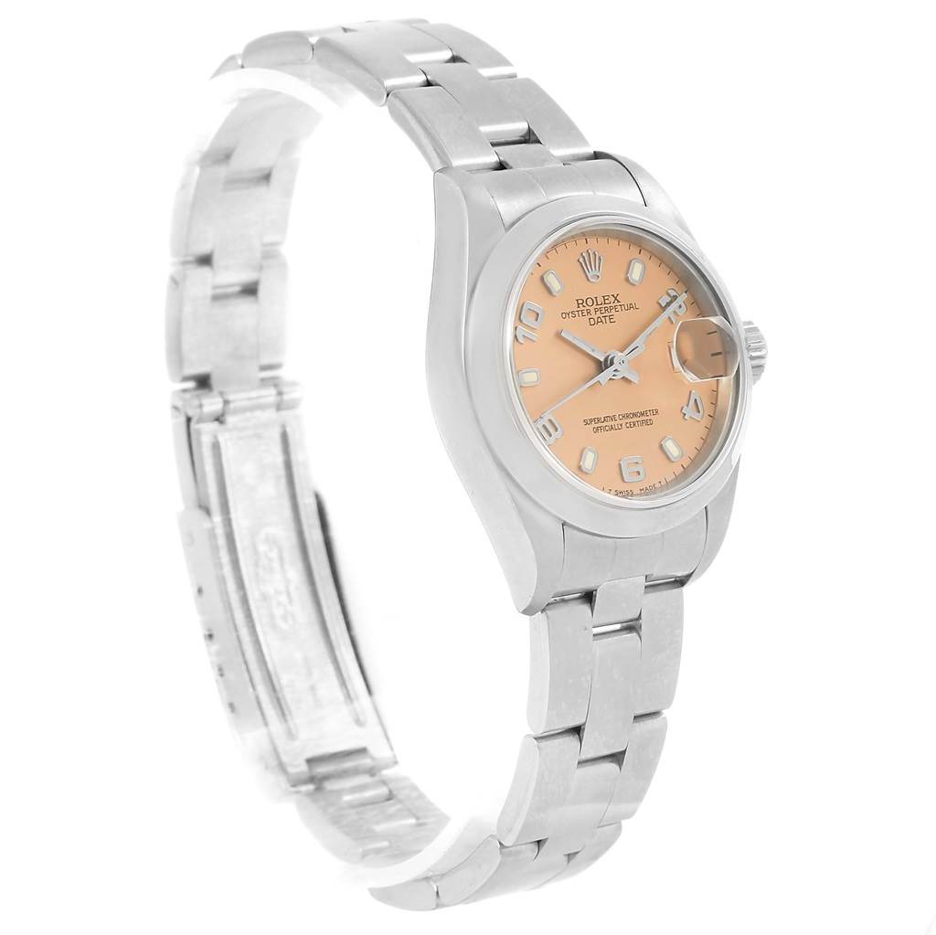 The image shows a side angle of a Rolex Date 69160 Women's Stainless Steel Pink Dial 69160 Women's Stainless Steel Pink Dial model watch, displaying the face, crown, and bracelet.