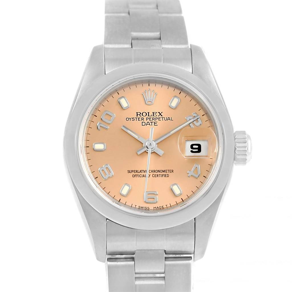 This is a front view of the Rolex Oyster Perpetual Date watch, showing the dial, bracelet, and date window.