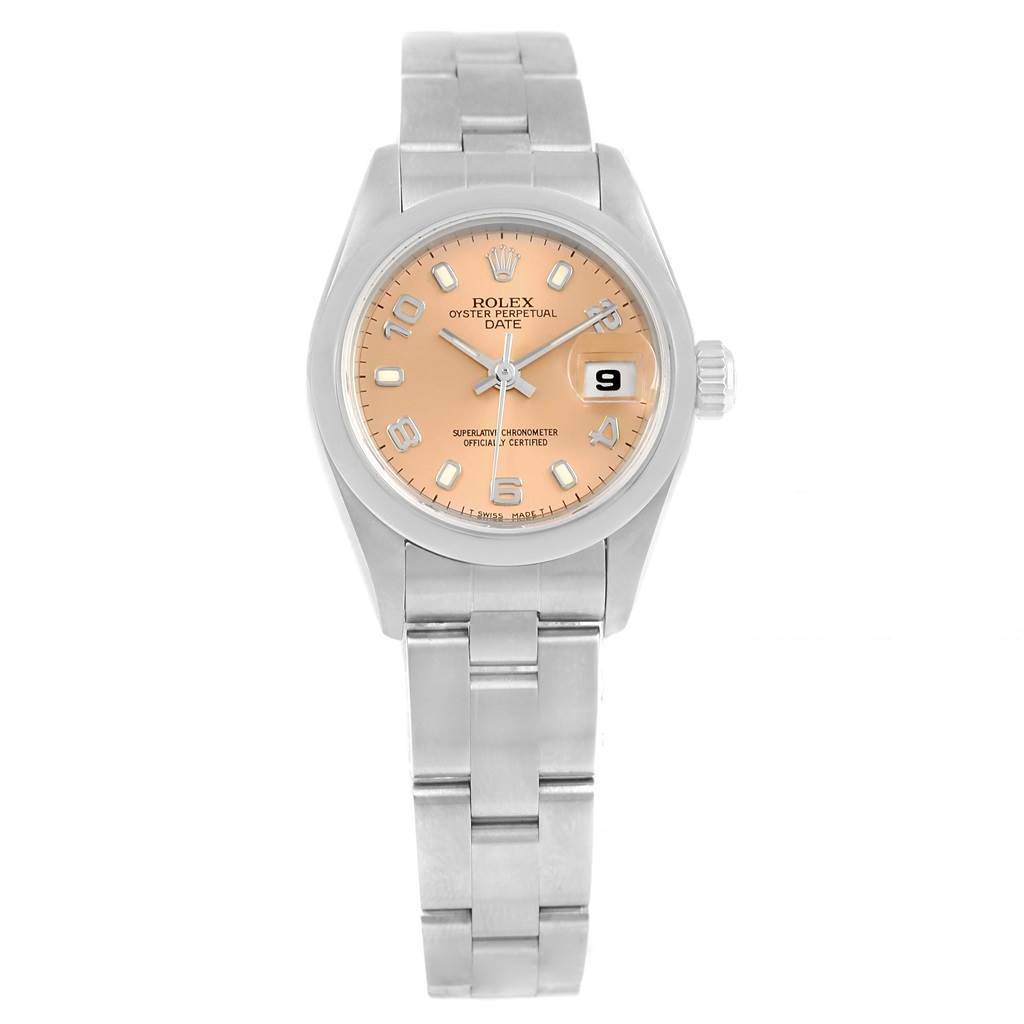 This image shows a front view of a Rolex Oyster Perpetual Date watch, highlighting the face, bracelet, and date window.