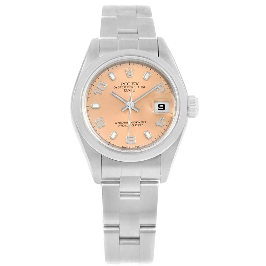 The image shows a front view of a Rolex Date 79160 Women's Stainless Steel Pink Dial 79160 Women's Stainless Steel Pink Dial model watch, displaying its face, bezel, crown, and bracelet.