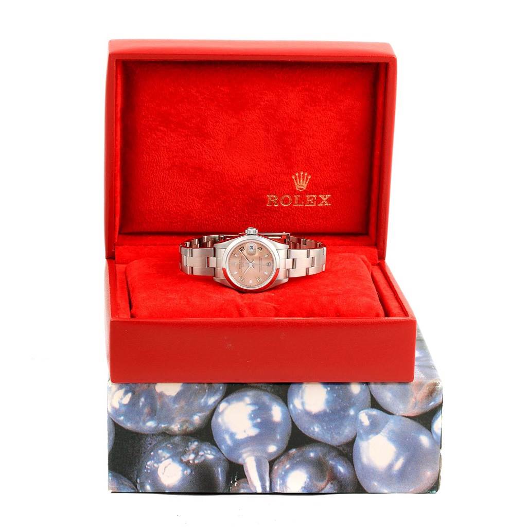 The image shows a Rolex Date 79160 Women's Stainless Steel Pink Dial 79160 Women's Stainless Steel Pink Dial model watch from a front angle, displayed in a red box with the bracelet and dial visible.