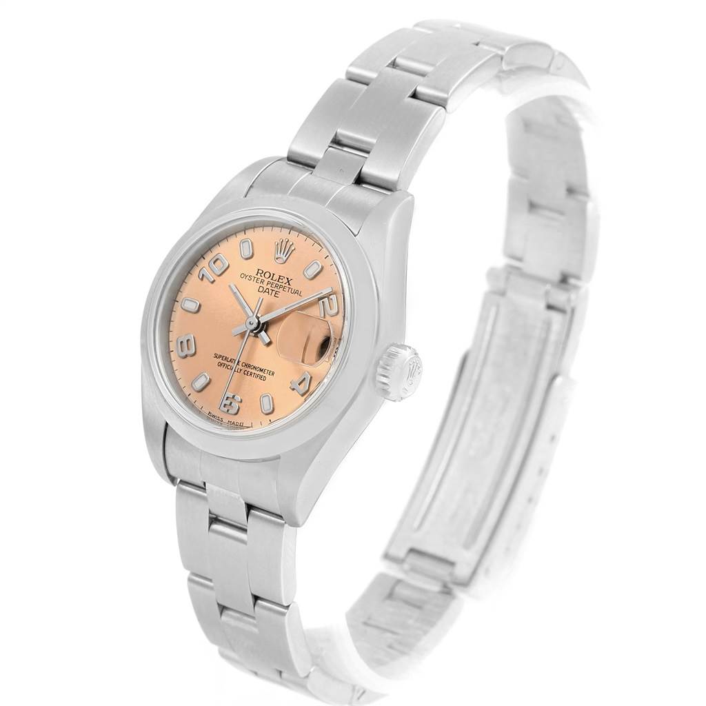 The image shows a side angle of a Rolex Date 79160 Women's Stainless Steel Pink Dial 79160 Women's Stainless Steel Pink Dial model watch, displaying the dial, case, and bracelet.