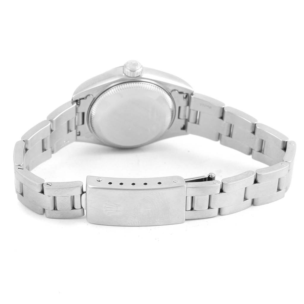 This image shows the back case and bracelet clasp of a Rolex Date 79160 Women's Stainless Steel Pink Dial 79160 Women's Stainless Steel Pink Dial model watch from an angled, rear perspective.