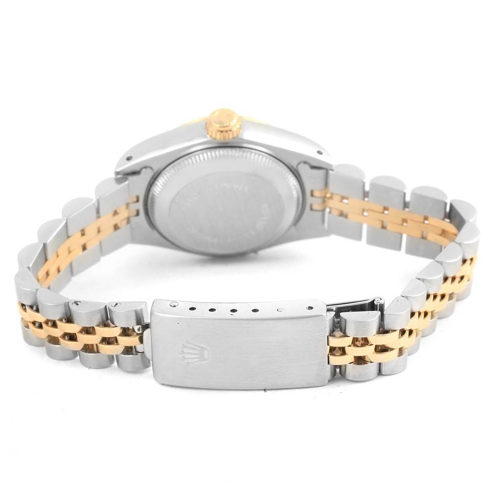 This image shows the back view of a Rolex Date 69173 Women's Stainless Steel Blue Dial 69173 Women's Stainless Steel Blue Dial model watch, highlighting the bracelet, clasp, and case back.