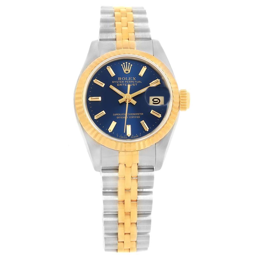 The image shows a front view of a Rolex Date 69173 Women's Stainless Steel Blue Dial 69173 Women's Stainless Steel Blue Dialjust watch, displaying its bezel, dial, and bracelet.