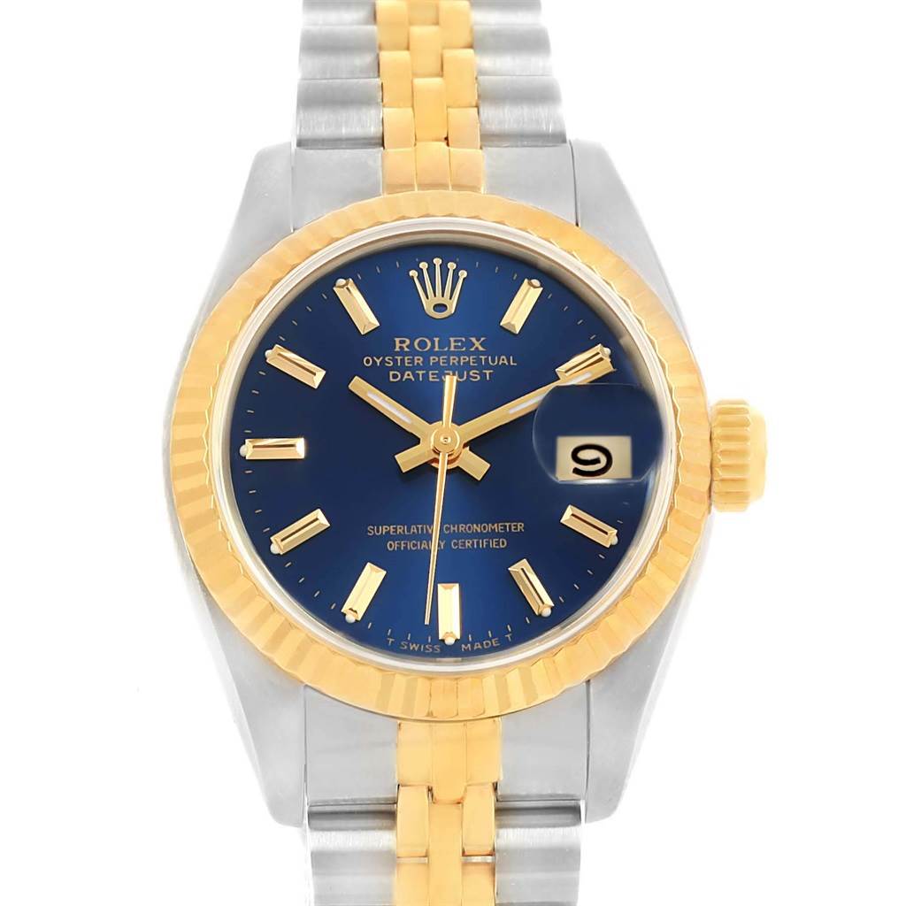 This image shows a front view of a Rolex Date 69173 Women's Stainless Steel Blue Dial 69173 Women's Stainless Steel Blue Dialjust watch, featuring the dial, bezel, hands, and part of the bracelet.