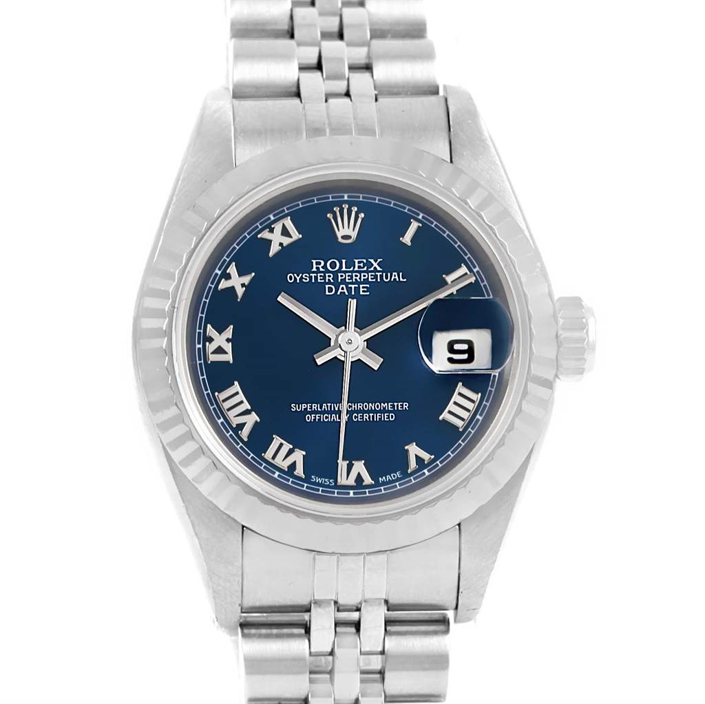 The image shows a front view of a Rolex Date 79174 Women's Stainless Steel Blue Dial 79174 Women's Stainless Steel Blue Dial model watch, displaying the face, bezel, and part of the bracelet.