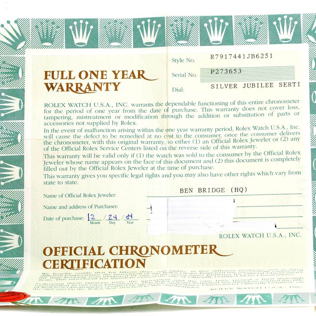 The image shows the warranty certificate for a Rolex Date 79174 Women's Stainless Steel Blue Dial 79174 Women's Stainless Steel Blue Dial model, including the serial and style numbers.