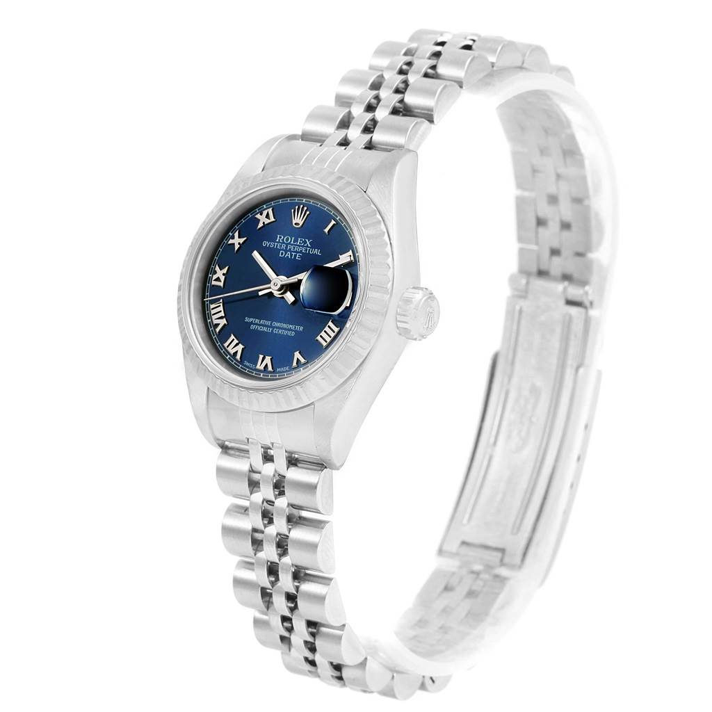This Rolex Date 79174 Women's Stainless Steel Blue Dial 79174 Women's Stainless Steel Blue Dial model watch is shown at a three-quarter angle, highlighting its face, bezel, crown, and bracelet.
